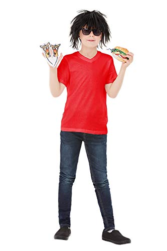 Boy in red shirt and wig holding fake rat and burger against a white background.