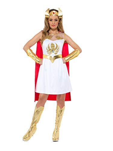Woman wearing a white She-Ra costume with gold accents and a red cape.