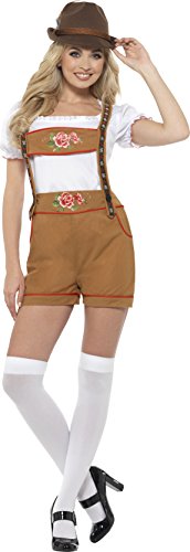 Woman wearing a brown Bavarian costume with white top, stockings, and black shoes.