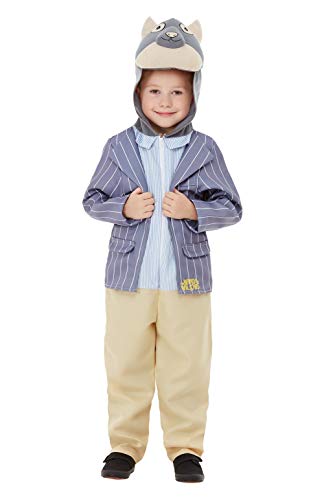 Young boy wearing a blue striped jacket, beige pants, and a rat costume hat.