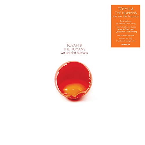 Album cover with broken eggshell and orange vinyl record details on white background.