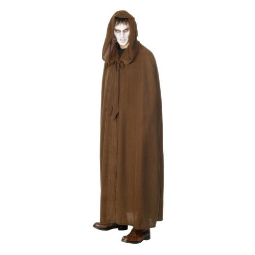Man wearing a brown hooded cloak over black shirt and pants.