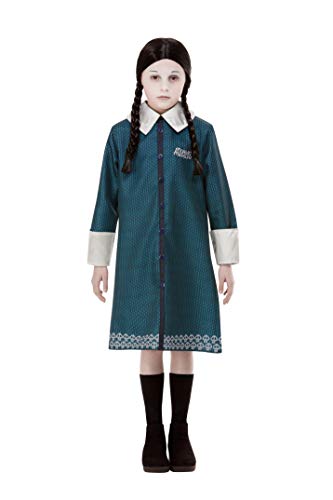 Girl dressed as Wednesday Addams in teal dress, white collar, and black boots.
