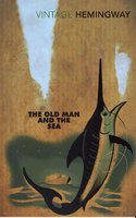"The Old Man and the Sea" book cover with blue whale tail on pink background.