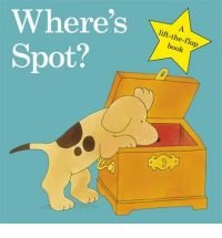 "Children's book cover featuring a puppy peeking into a wooden chest, beige background."