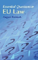 "Book cover with 'Essential Questions in EU Law' title and scattered question marks on blue background."