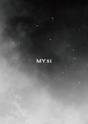 The image is a black and white depiction of a starry night sky with clouds, featuring the text "MY.st" in the center. A concise, descriptive alt text for this image could be: "Black and white image of a cloudy night sky with stars and 'MY.st' text."
