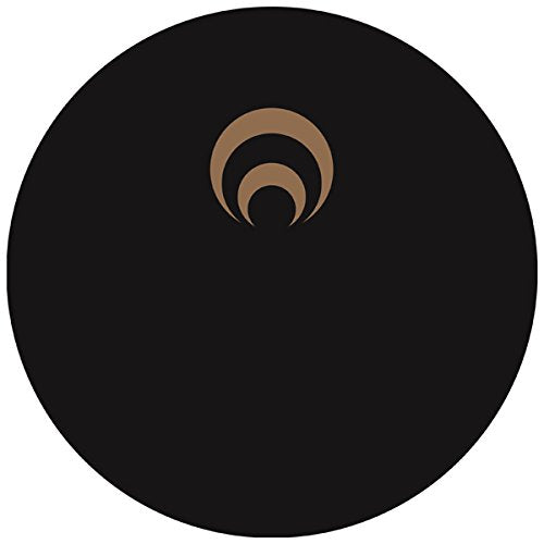 Black vinyl record with a brown, spiral design on a white background.