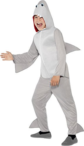 A person wearing a grey shark costume with a hooded head and fins.