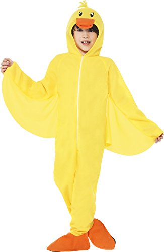 A child wearing a yellow duck onesie costume with orange beak, feet, and flapping sleeves.