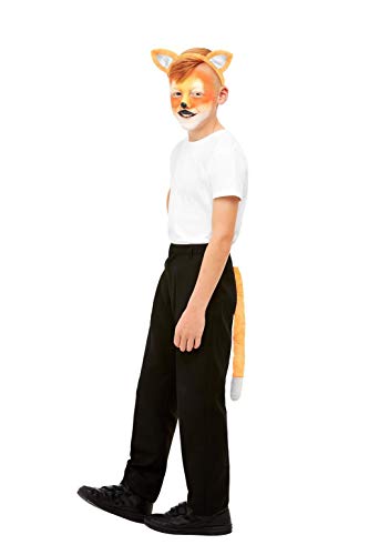 "Child dressed as a fox with face paint, headband, and tail accessory."