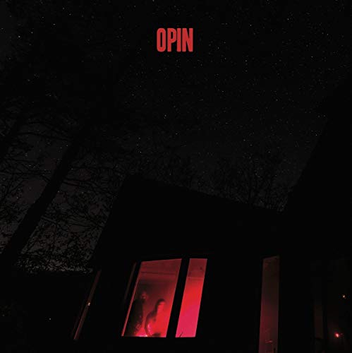 "Dark house with red-lit window and 'OPIN' text above, under a starry night sky."