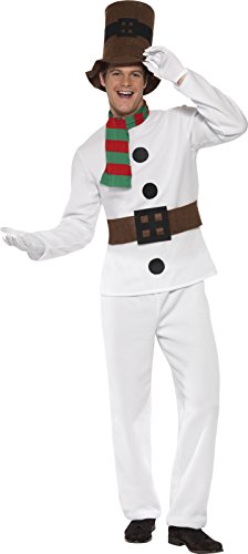 Man dressed as a snowman in a white costume, hat, and red and green scarf.