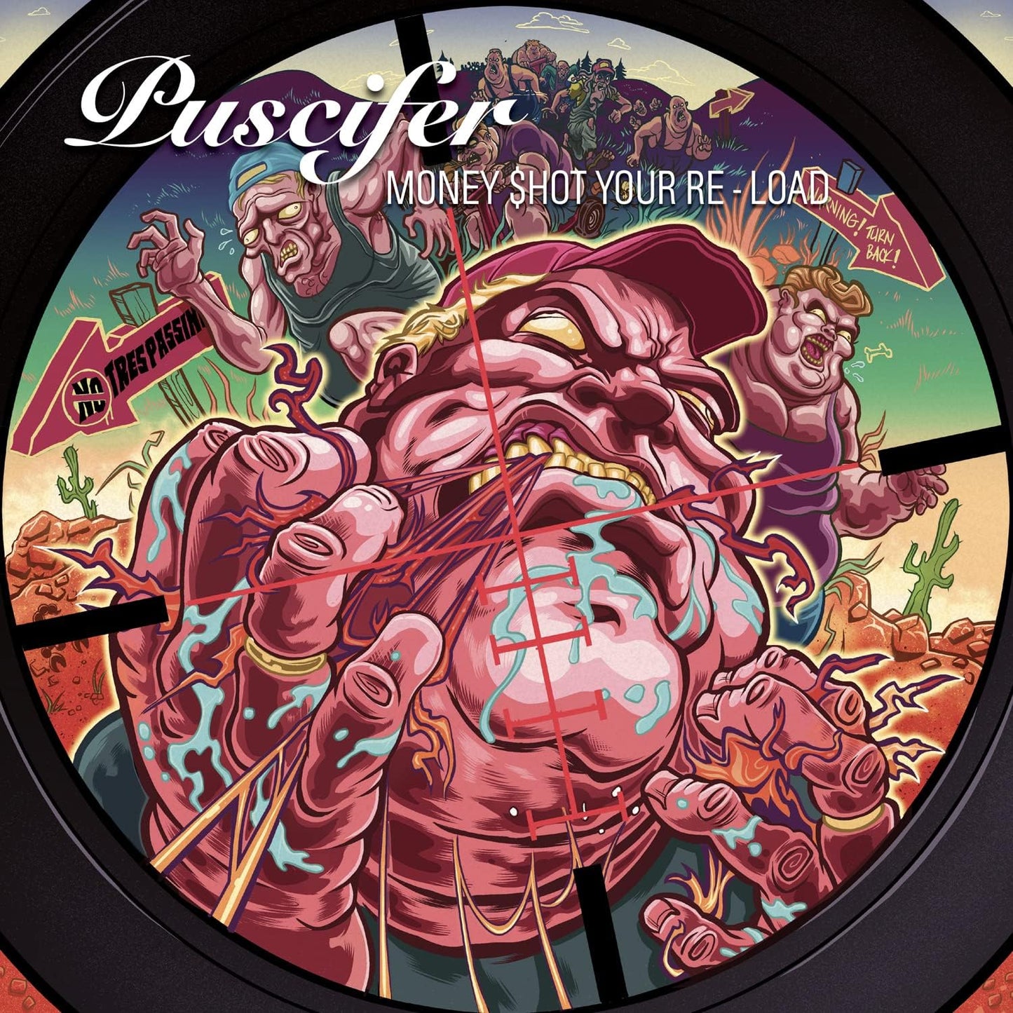"Puscifer album cover art featuring a grotesque, cartoonish figure with multiple limbs and faces."