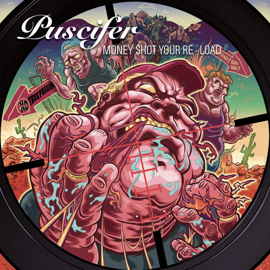 "Puscifer album cover art featuring a grotesque, cartoonish figure with multiple limbs and faces."
