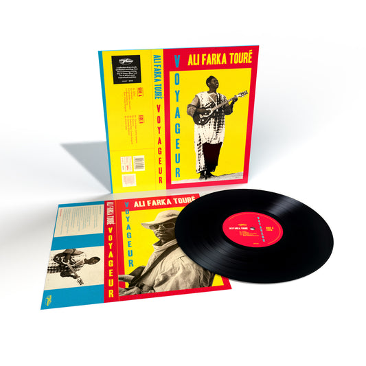 "Vinyl record and cover art for 'Ali Farka Touré - Voyageur' with yellow and red design."