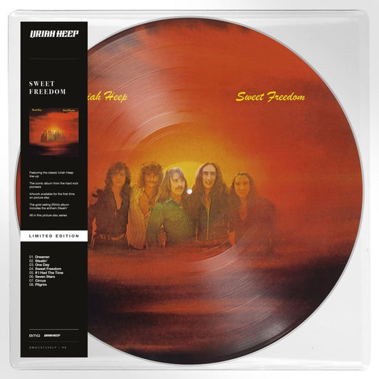 "Uriah Heep - Sweet Freedom vinyl record with orange-red picture disc and band image."