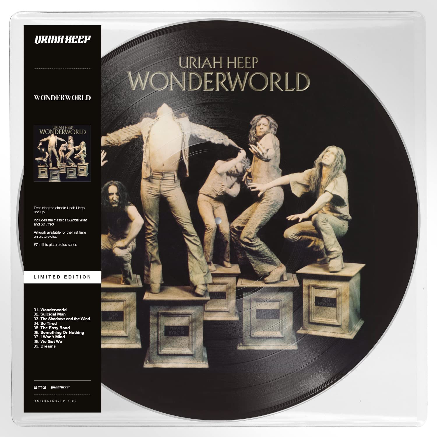 "Uriah Heep Wonderworld vinyl record with picture disc cover, sleeve, and tracklist."