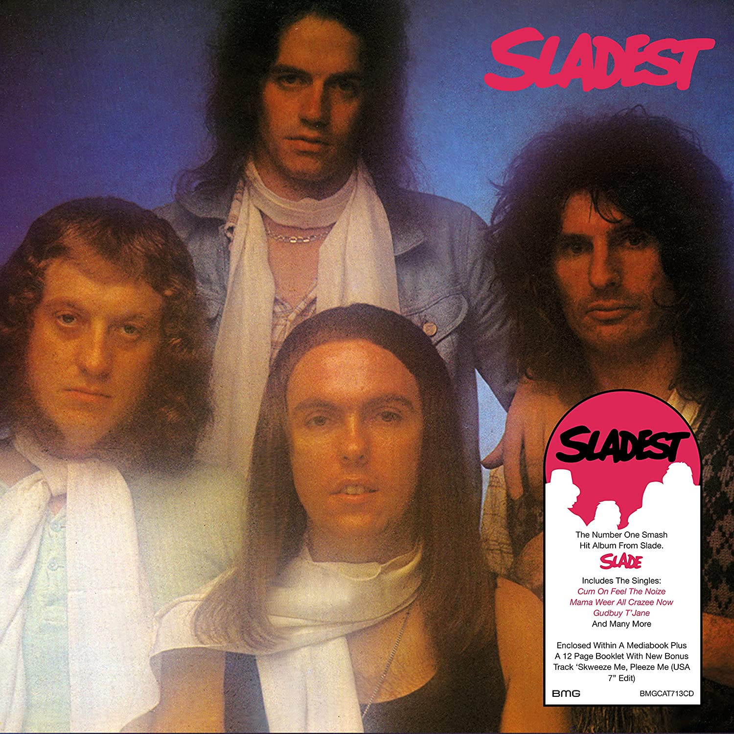 "Slade band members on album cover with 'Sladest' title in red, against blue background."