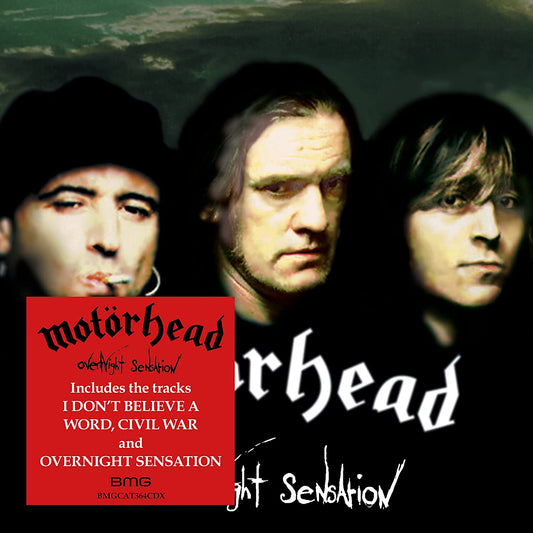 "CD cover with three men and 'Motörhead Overnight Sensation' text on a red and black background."