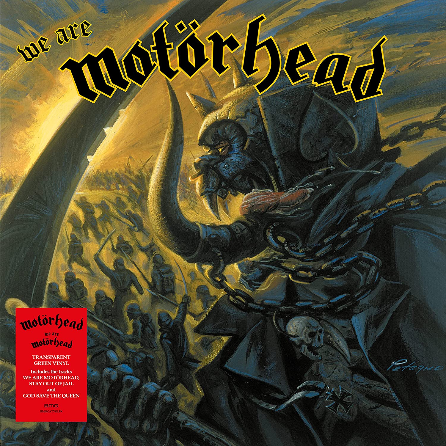 "Album cover art featuring a knight in armor, with 'We Are Motorhead' text."