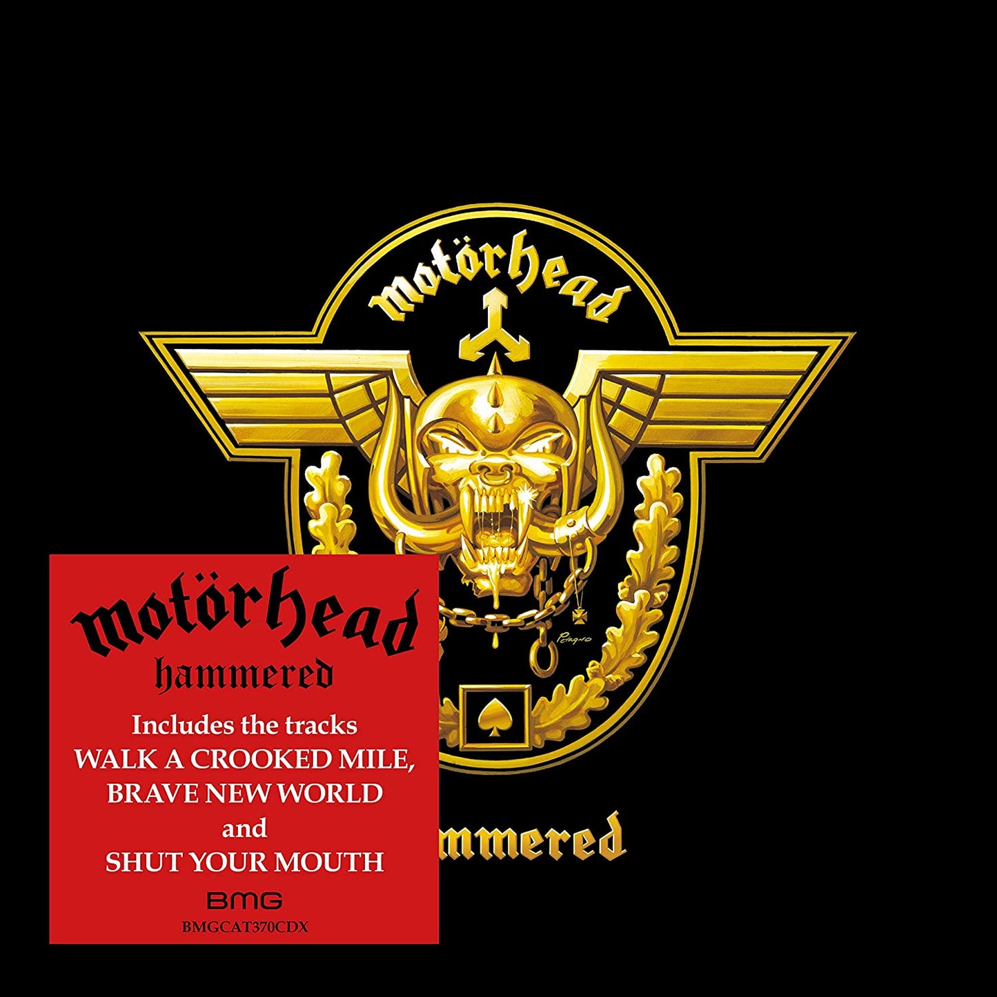 "Black background with gold Motorhead logo and red text box listing song tracks."