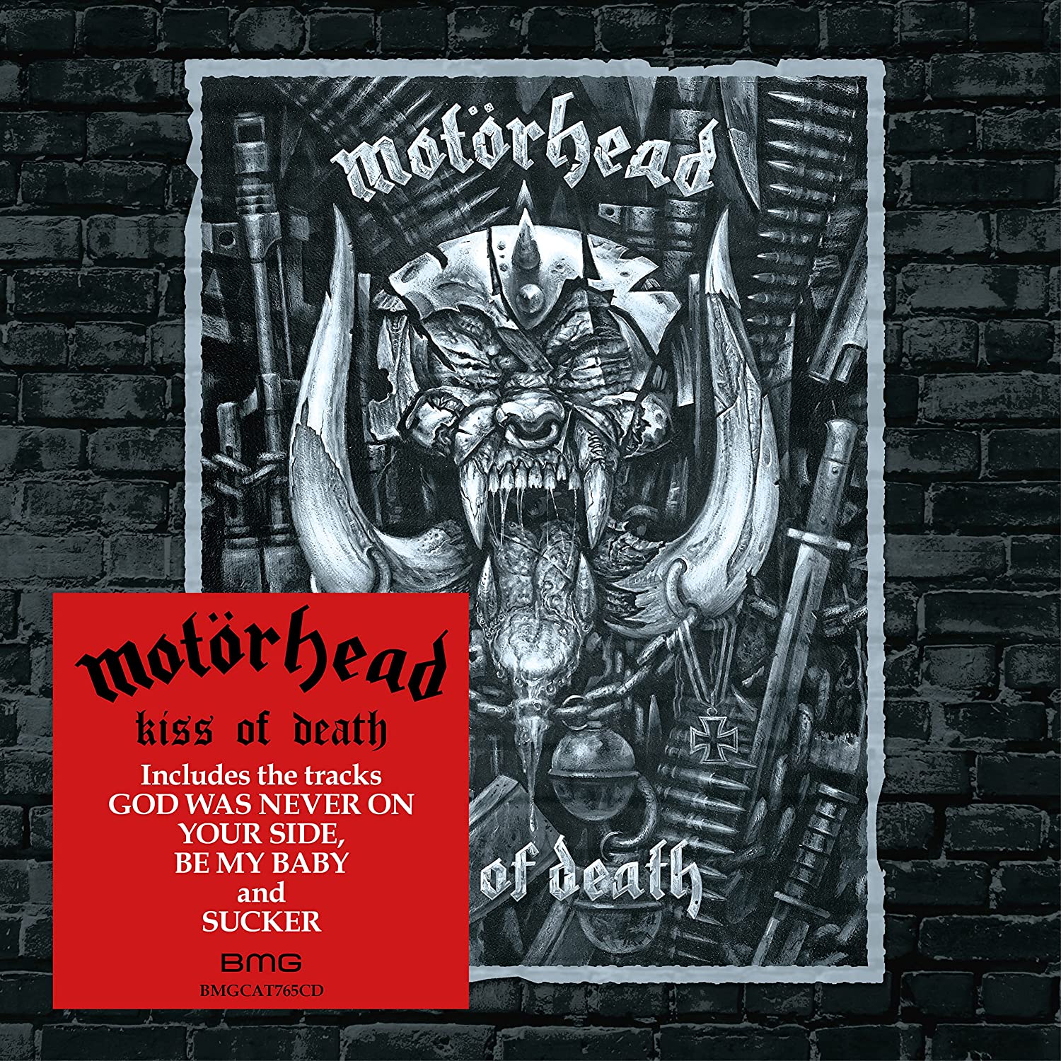 "Motorhead album cover with a skull illustration and red track listing on a brick background."