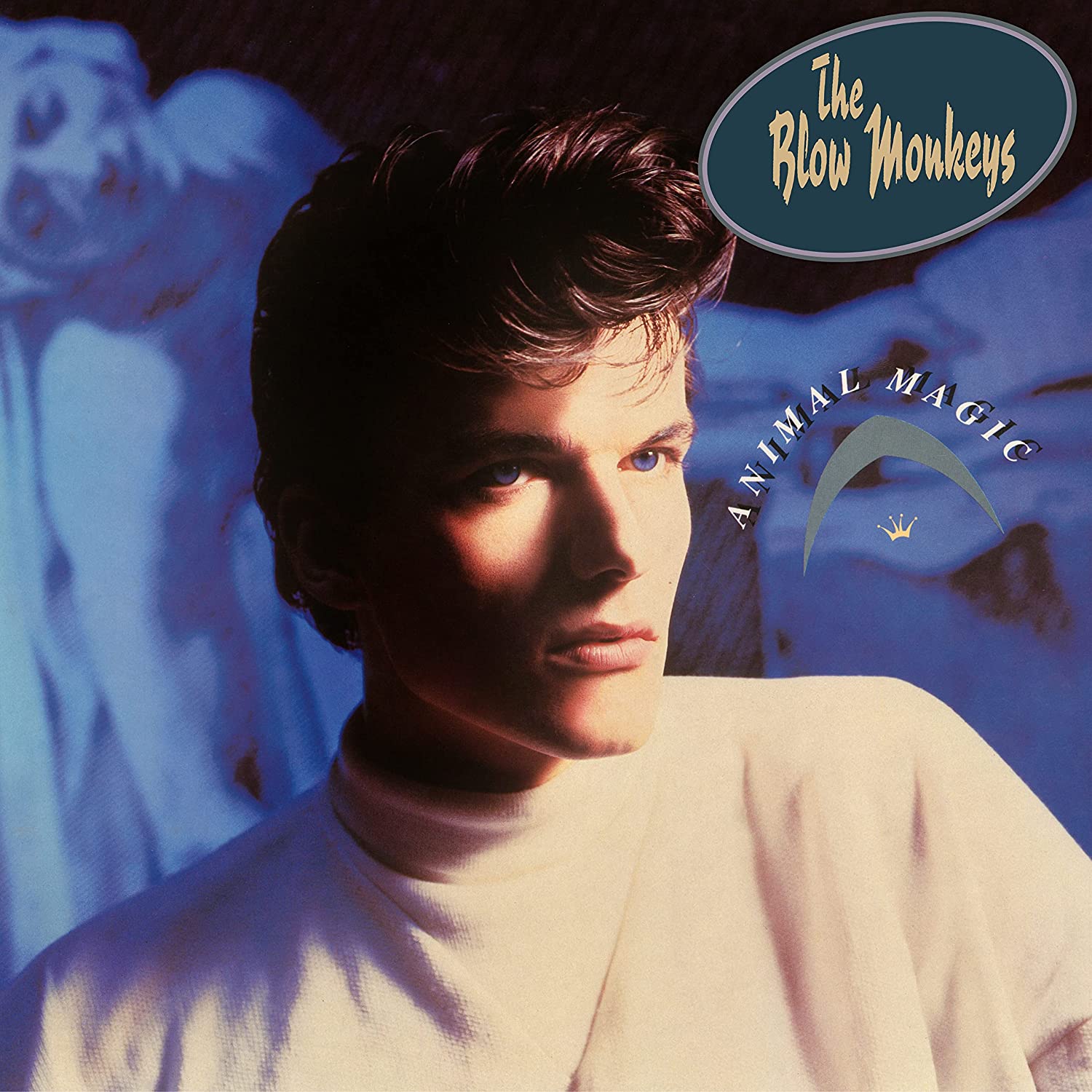 "Album cover with a man in white shirt and blue-toned background image."