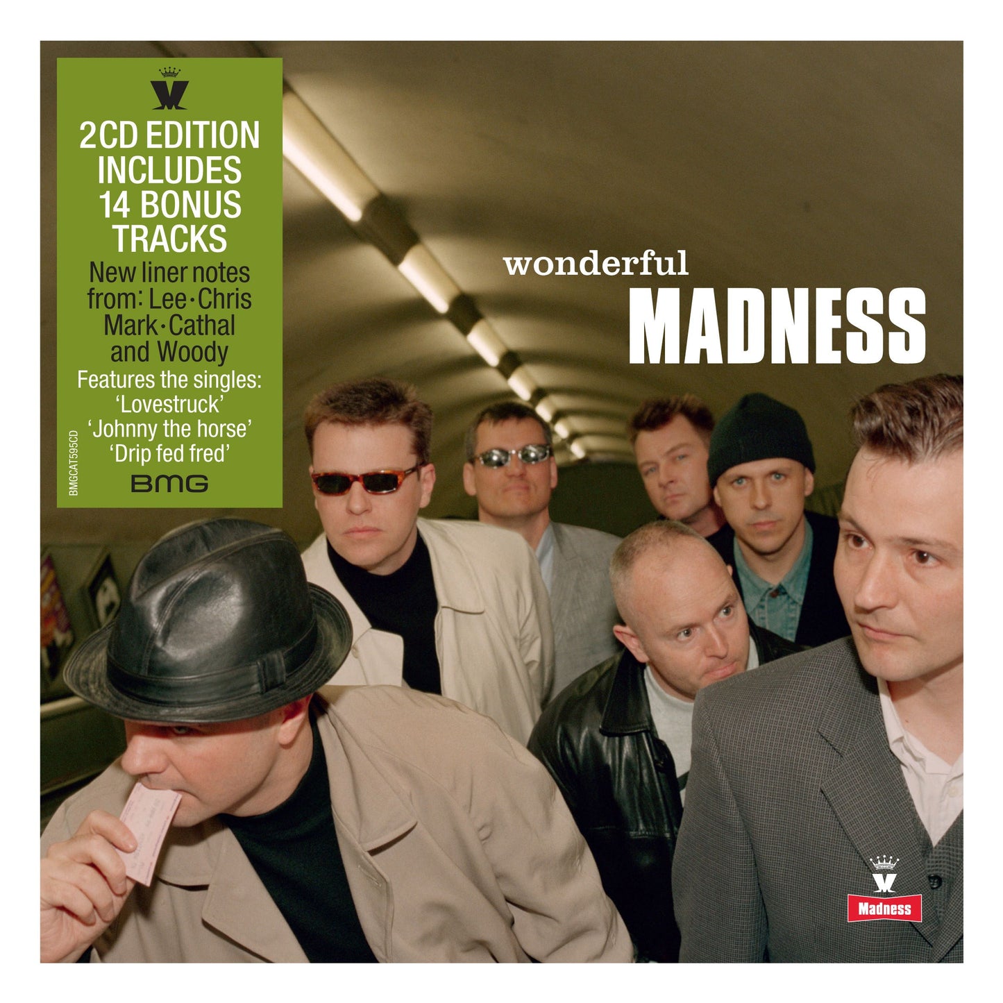 "Album cover featuring a group of men, titled 'Wonderful Madness' with a green info panel."