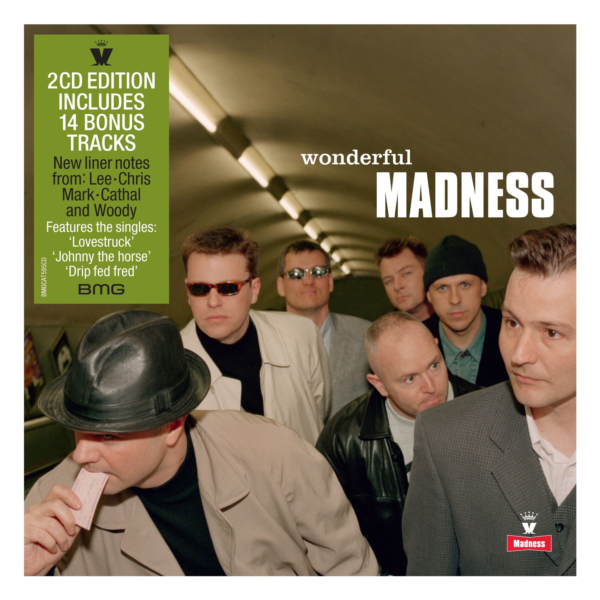 "Album cover featuring a group of men, titled 'Wonderful Madness' with a green info panel."