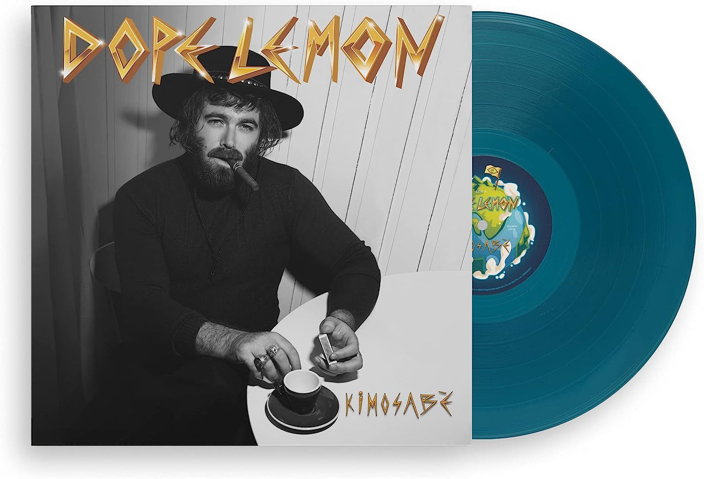 Vinyl record with blue disc and album cover featuring a man.