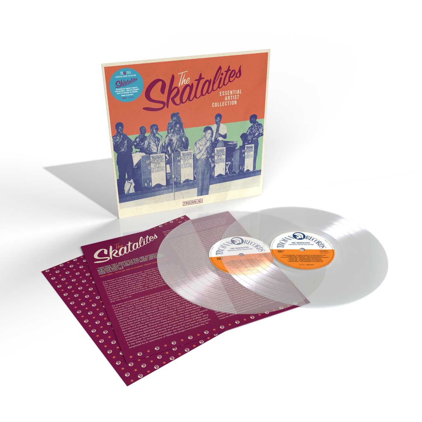 "Clear vinyl records with orange labels and album cover featuring band image."