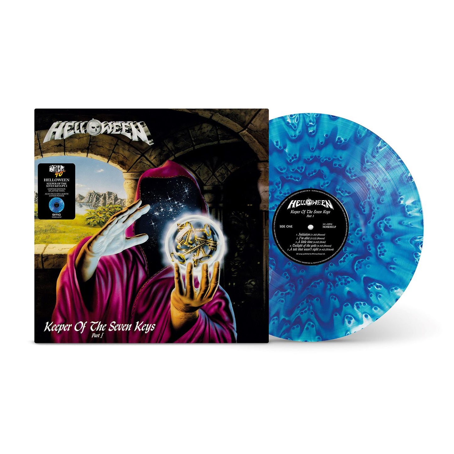 "Blue vinyl record and album cover with medieval artwork and Helloween logo."
