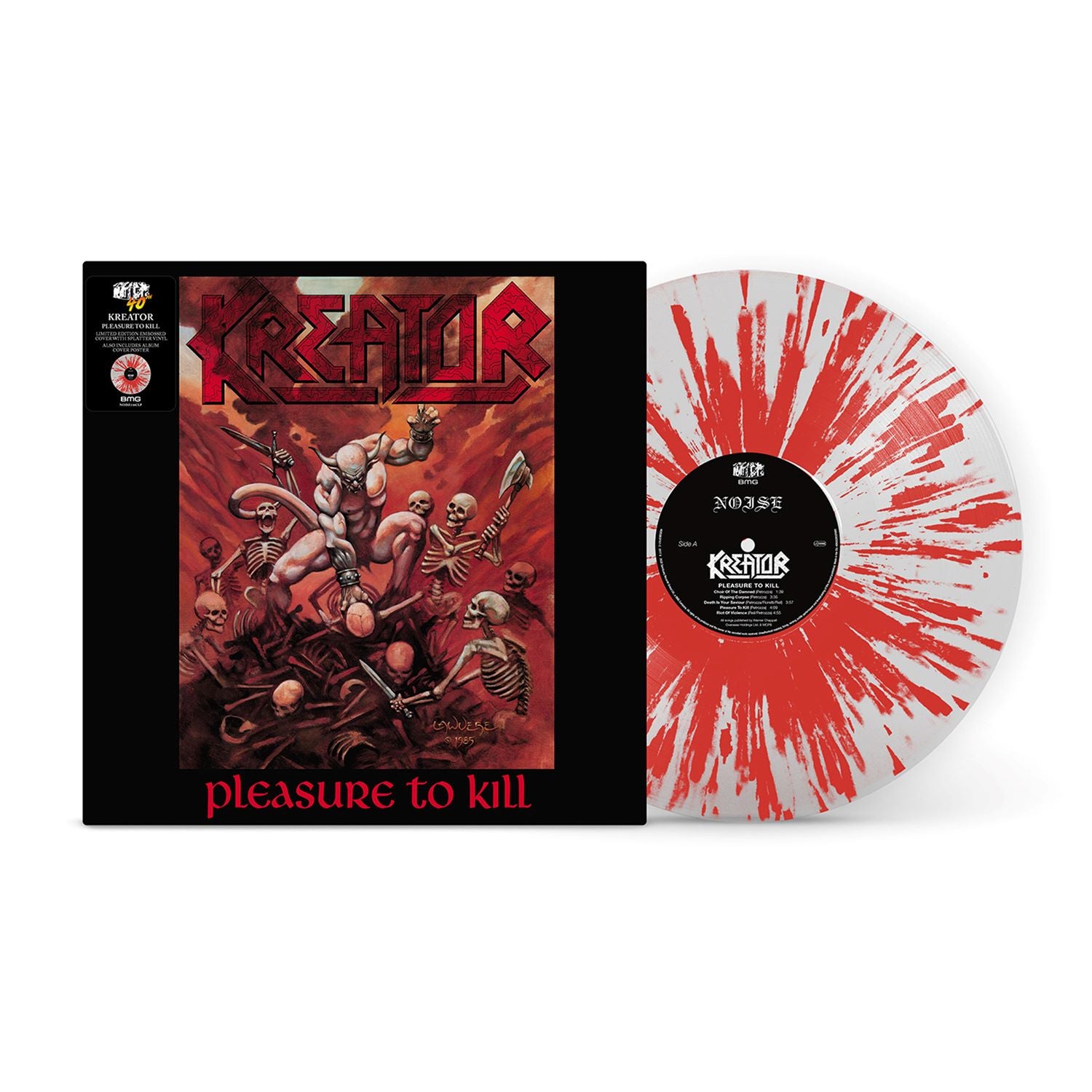 "Kreator vinyl record with red splatter design and album cover featuring demonic artwork."