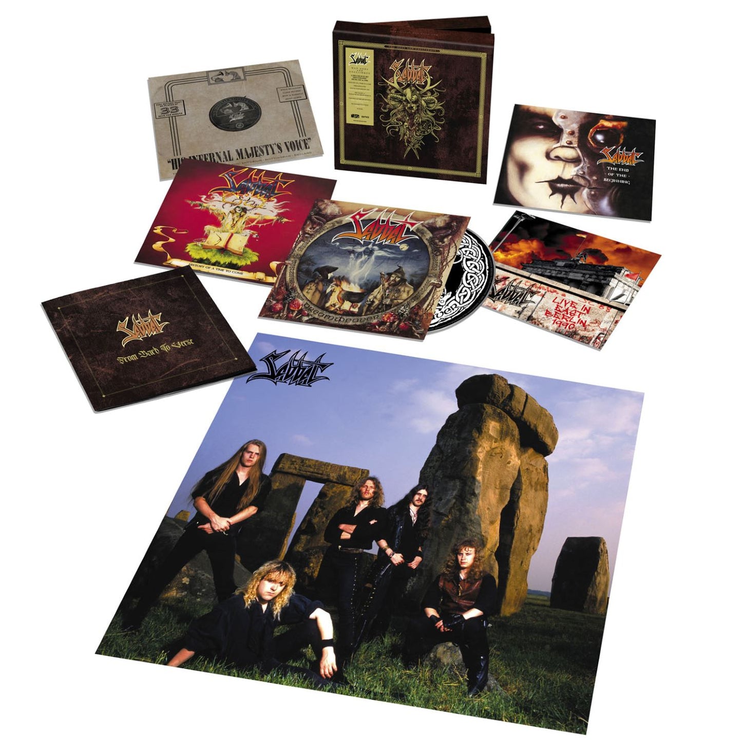 "CD boxset with assorted album covers and a band photo, on a white background."
