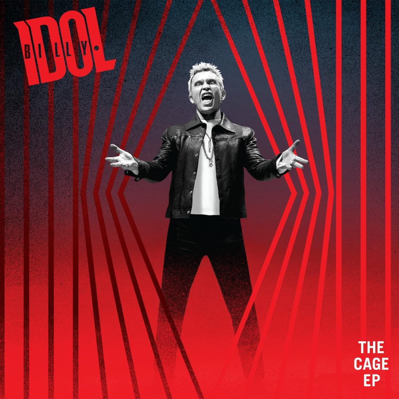Billy Idol in black and white, arms outstretched, against a red striped background.