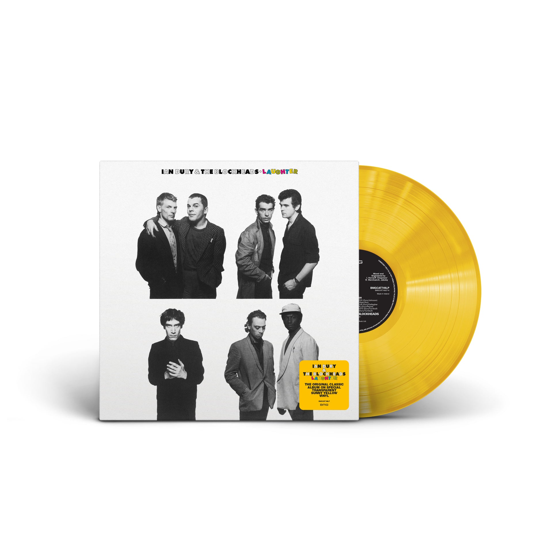 "Yellow vinyl record with white album cover featuring black and white band photos."