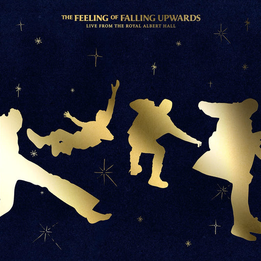 Gold silhouettes of four people floating against a dark blue starry background.