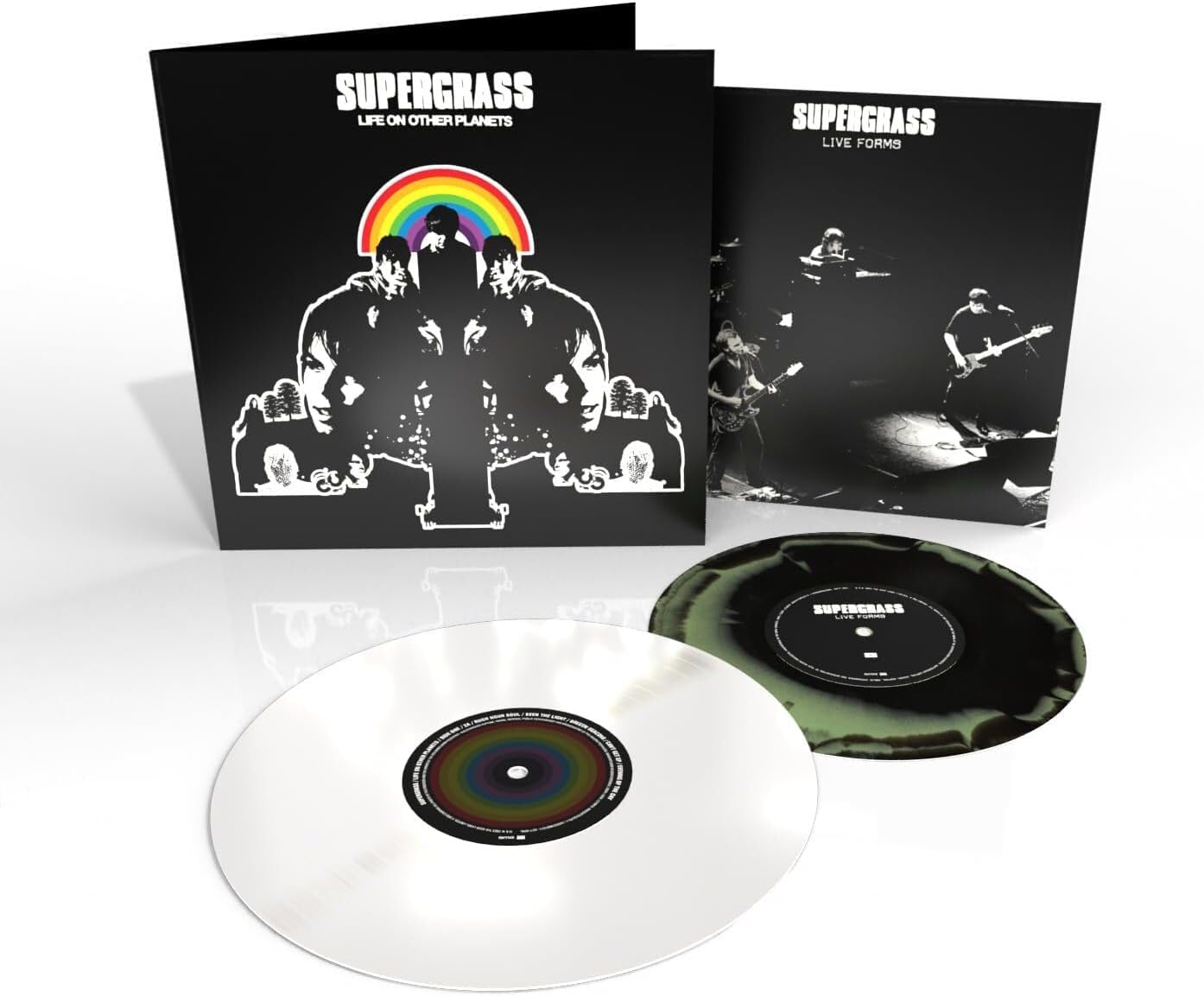 "Two vinyl records with black and white sleeves and rainbow accents."