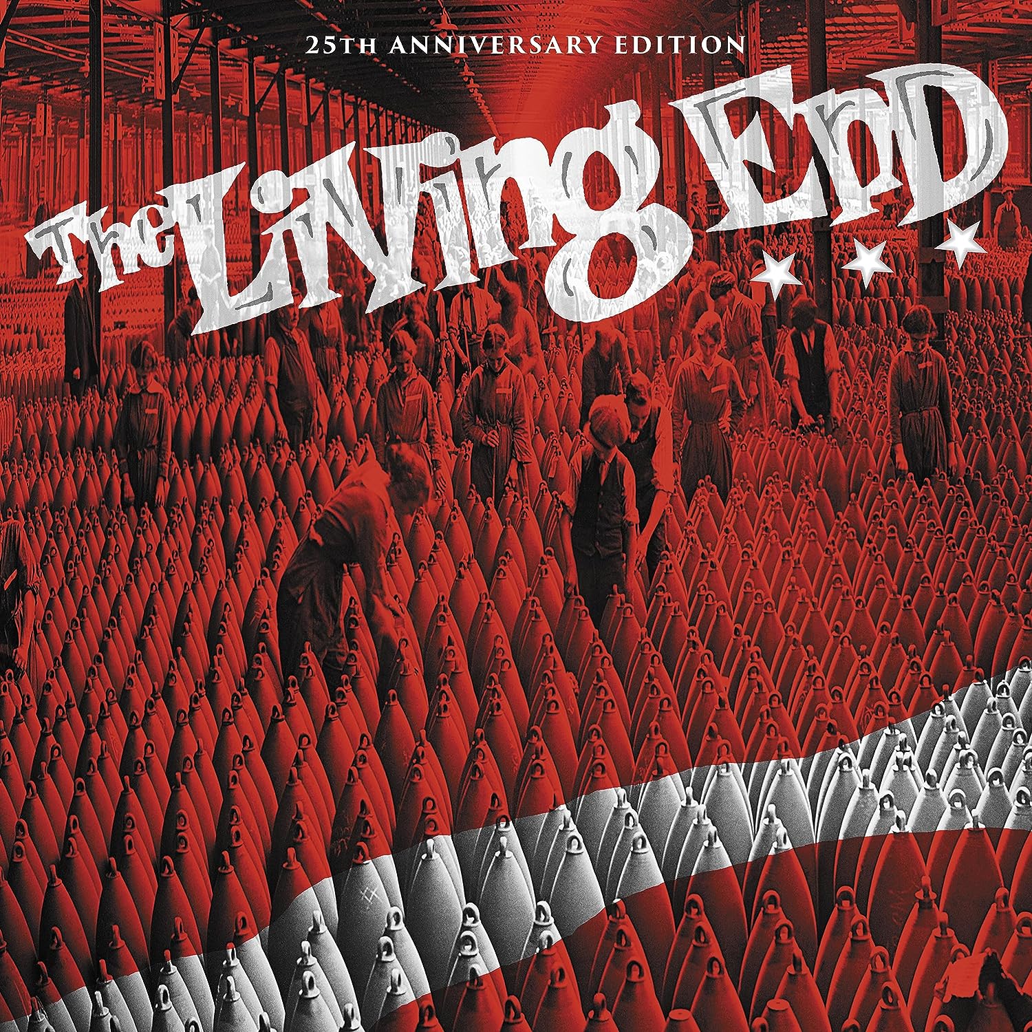 "Red-tinted album cover with people standing among bombs, titled 'The Living End'."