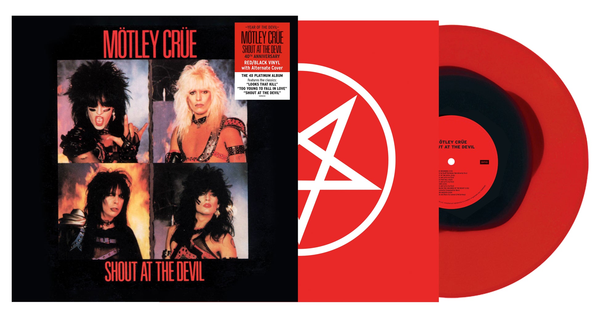 "Red and black vinyl record with Motley Crue album cover featuring band members' portraits."