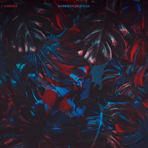 Album cover featuring a dark, layered pattern of red and blue Monstera leaves.