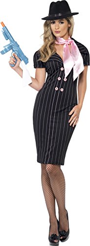 Woman in black pinstripe dress, hat, and fishnets holding a blue toy gun.