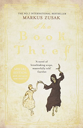 "The Book Thief" book cover with girl and death illustration on black background.