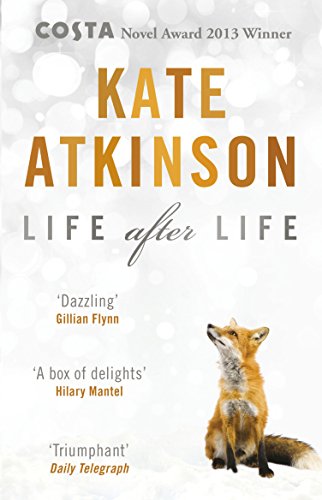 The image depicts the cover of "Life After Life" by Kate Atkinson. Alt text: Book cover featuring a fox sitting in snow with title and author name.