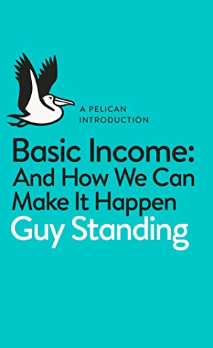 The image depicts a book cover with a teal background and a pelican illustration. Alt text: Teal book cover with pelican logo and title "Basic Income" in black text.