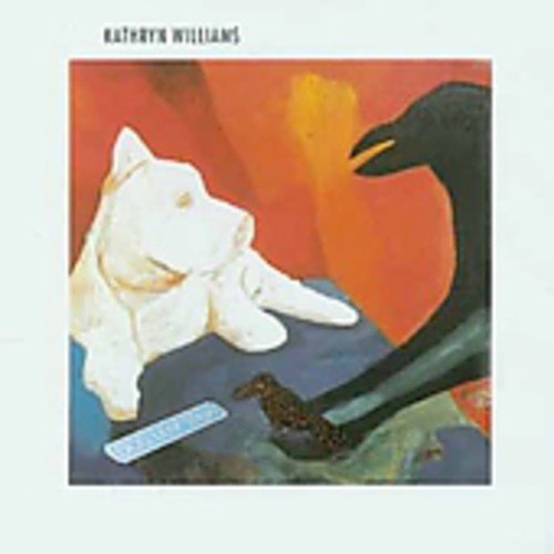 "CD album cover featuring a white dog and black bird illustration on a red background."