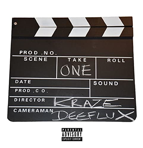 Black clapperboard with “Take One” and artist names, parental advisory label.