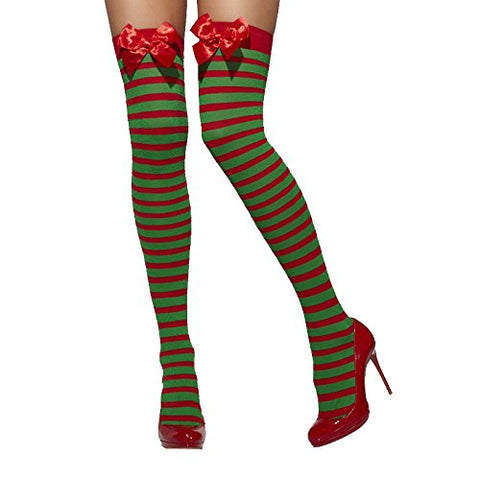 Smiffys Opaque Hold-Ups Striped with Bows - Red/Green