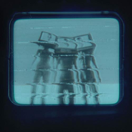 A distorted, blue-tinted image of a stack of CDs displayed on a screen.